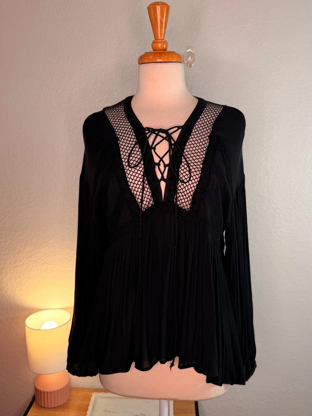 Free People Black Lace-Up Mesh Inset Peasant Blouse